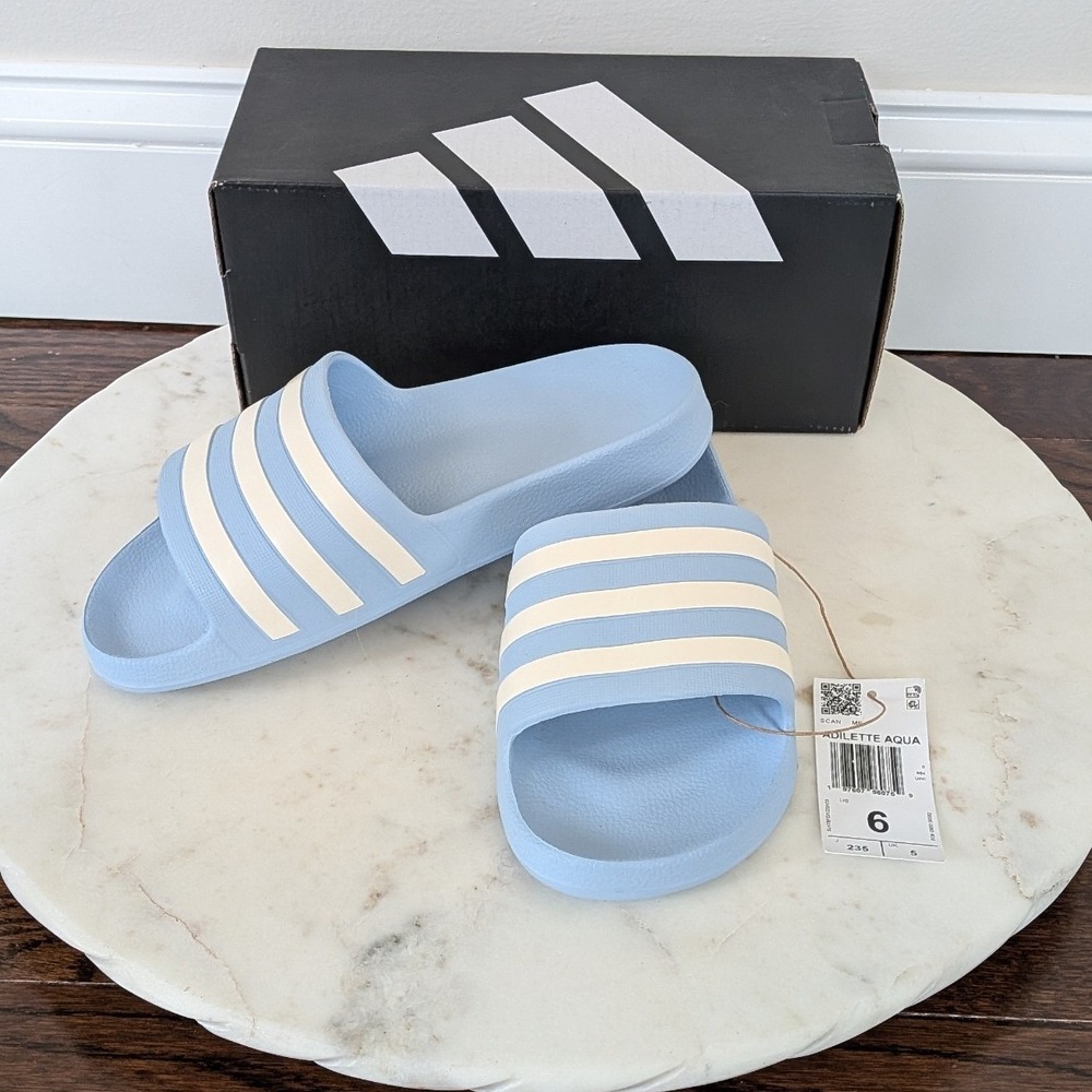 Adidas Adilette‎ Aqua Slides Women's 6 Blue White Striped Sandals IE8919 NIB